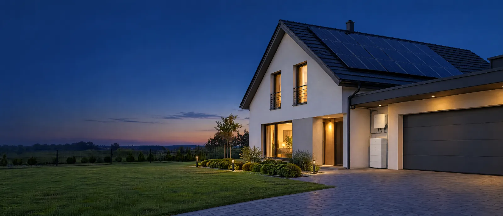 Wizualizacja: nowoczesny dom o zmierzchu z fotowoltaiką na dachu i magazynem energii przy garażu